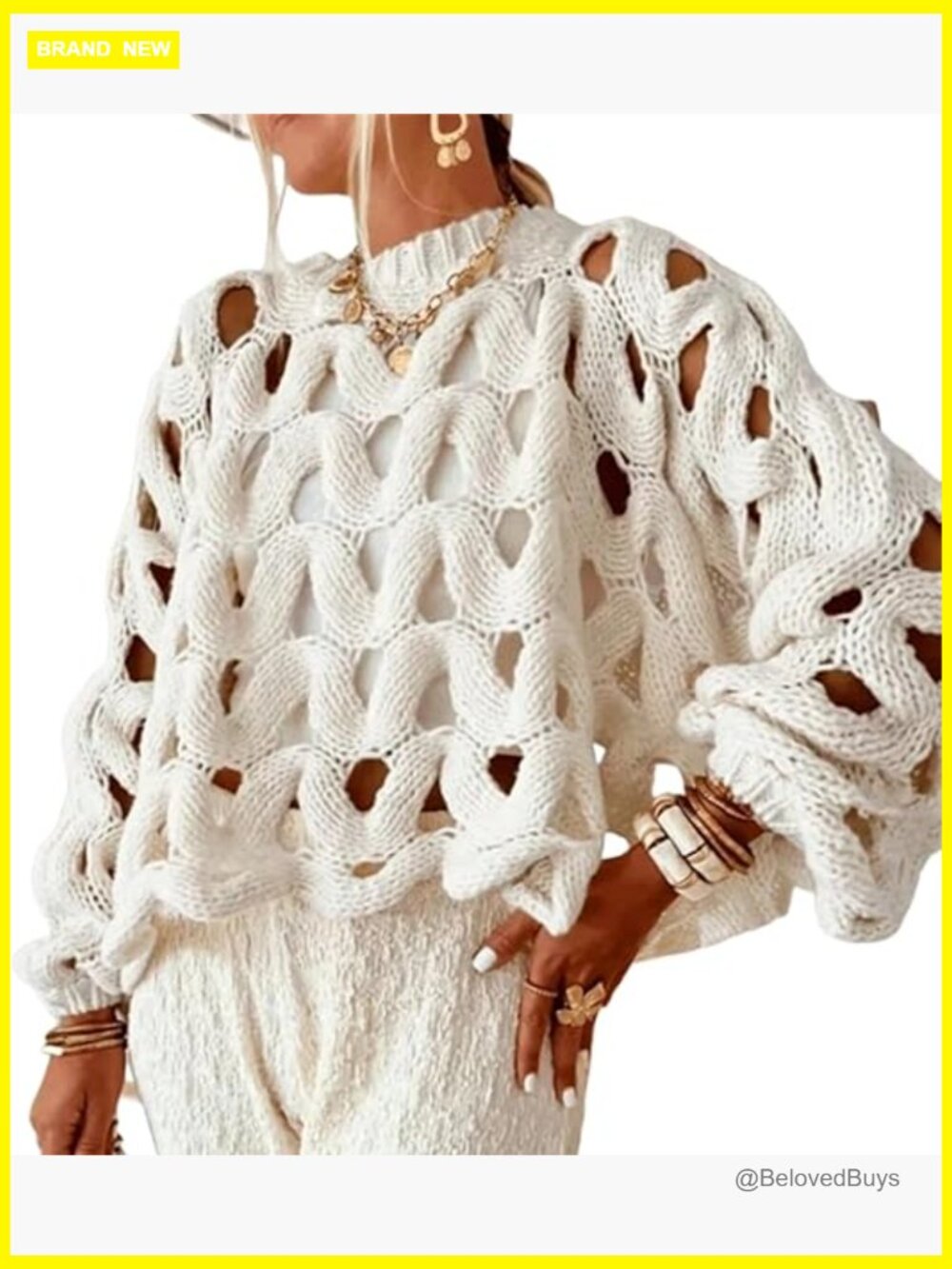 Crochet Hollow Out Oversized Sweater, Crew Neck Long Sleeve Crop Top